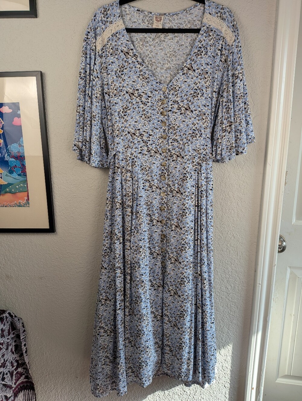 Bali ELF Made By Hand XXL Midi Prairie Dress Button Front Waist Tie Blue Lace
